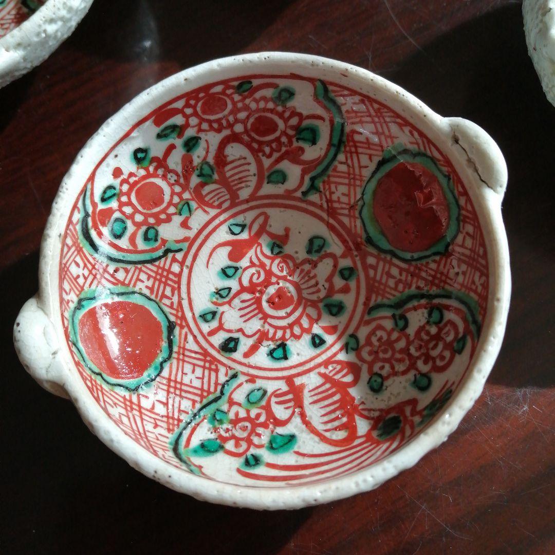 犬山焼　赤絵手付手塩皿　5客　7.5cm　明治～昭和初期