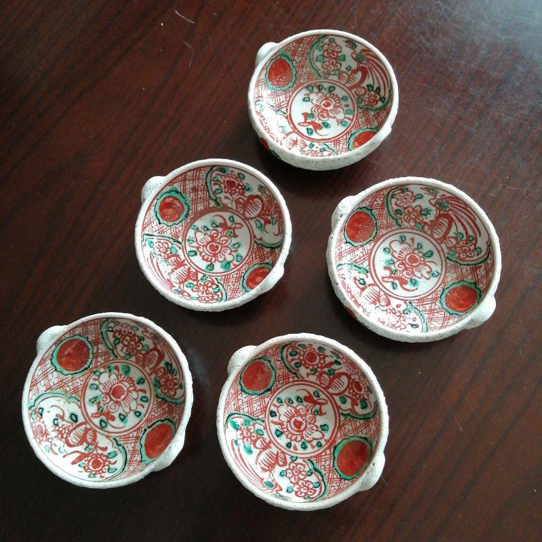 犬山焼　赤絵手付手塩皿　5客　7.5cm　明治～昭和初期