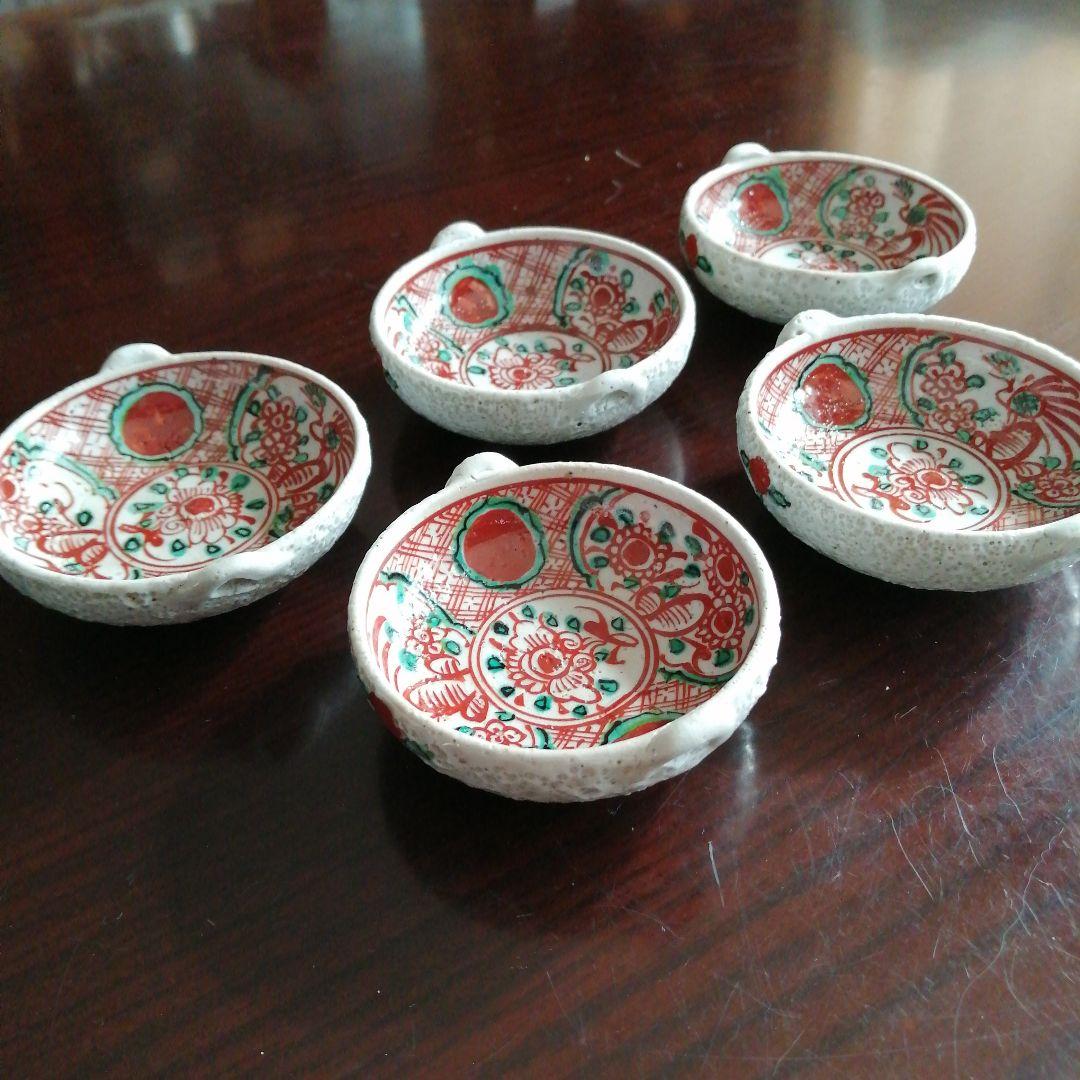 犬山焼　赤絵手付手塩皿　5客　7.5cm　明治～昭和初期