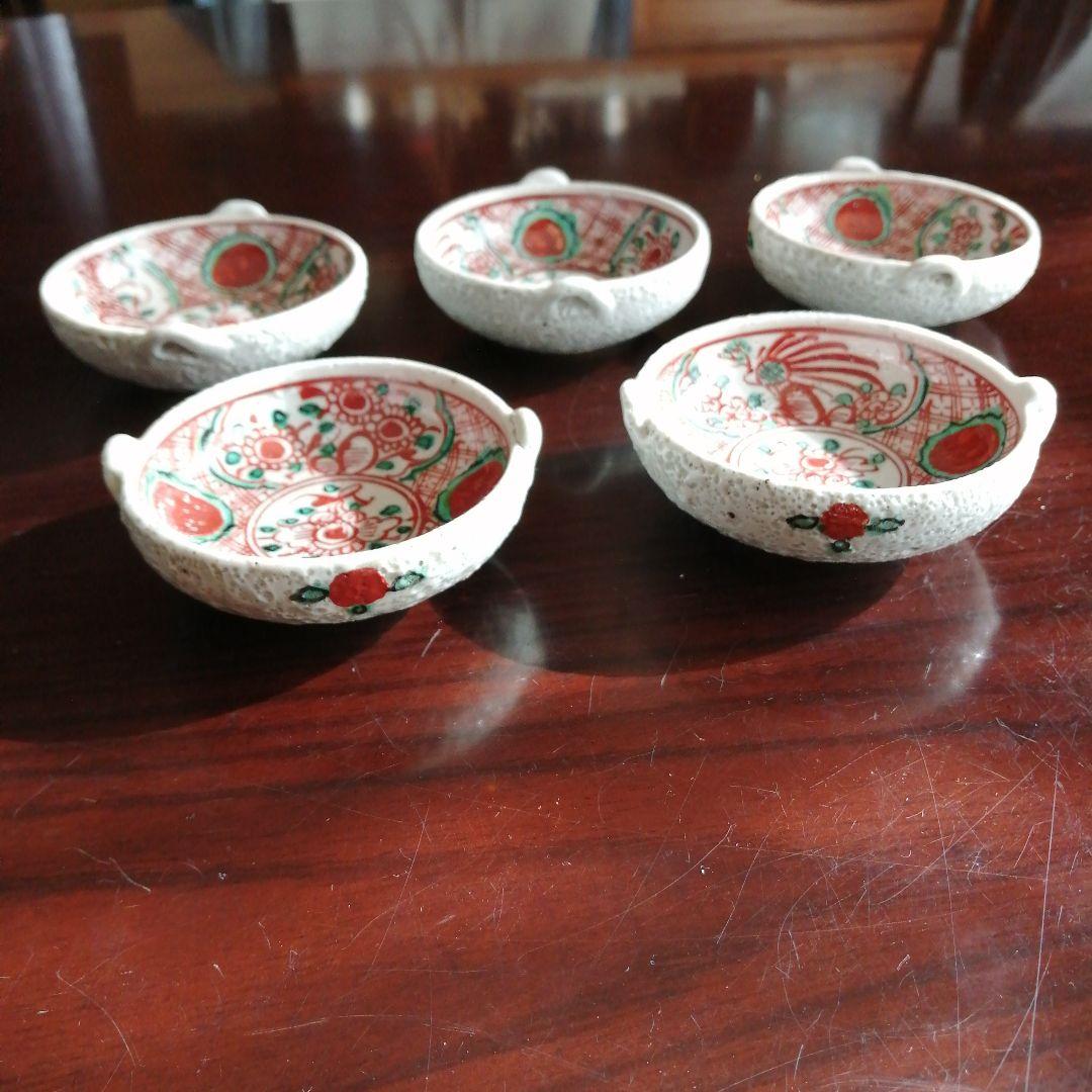 犬山焼　赤絵手付手塩皿　5客　7.5cm　明治～昭和初期