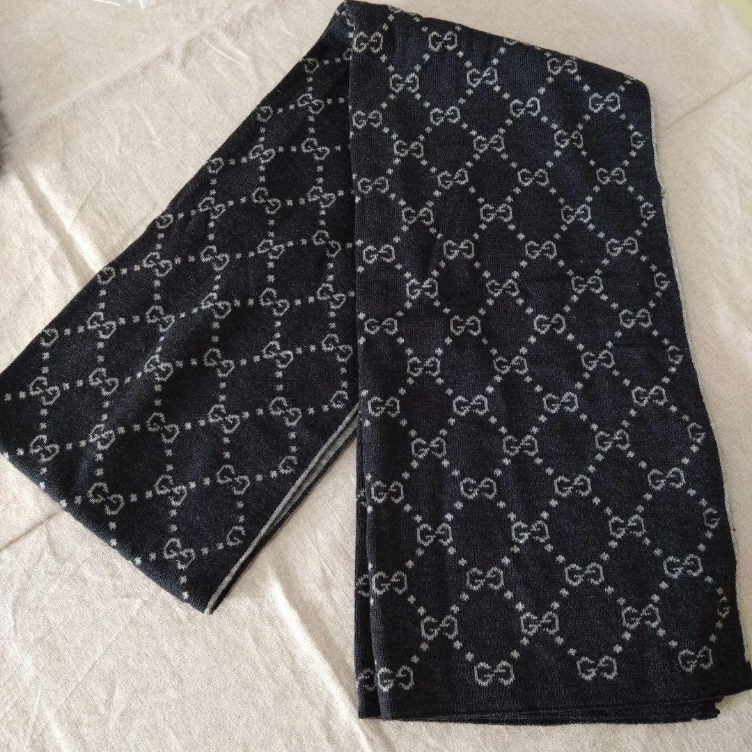 GUCCI ブラック GGパターン マフラー①　ウール100%