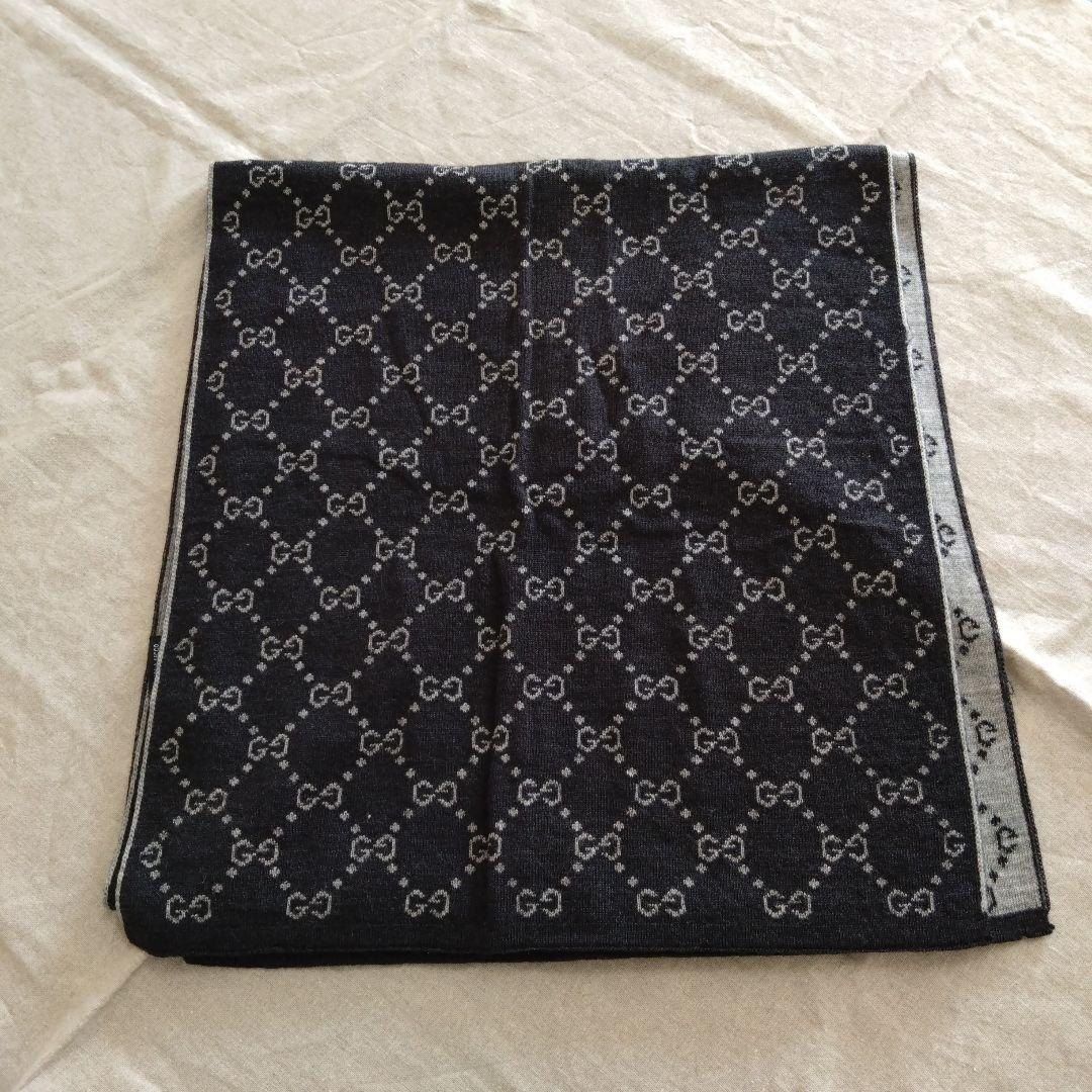 GUCCI ブラック GGパターン マフラー①　ウール100%