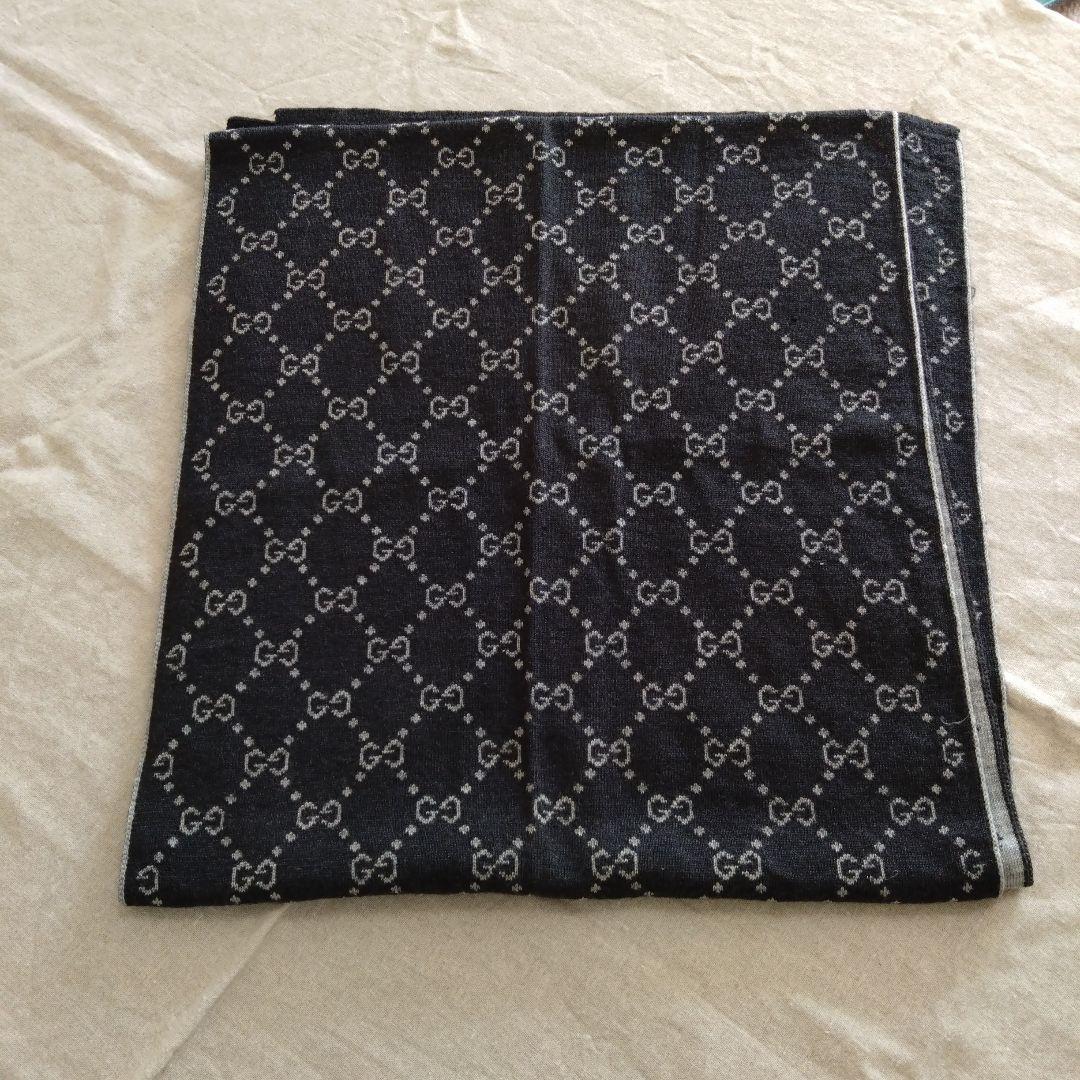 GUCCI ブラック GGパターン マフラー①　ウール100%