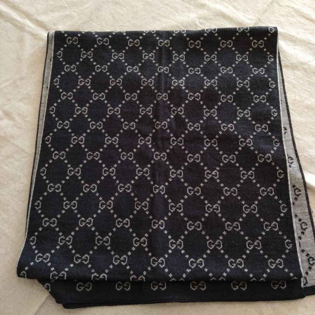 GUCCI ブラック GGパターン マフラー①　ウール100%