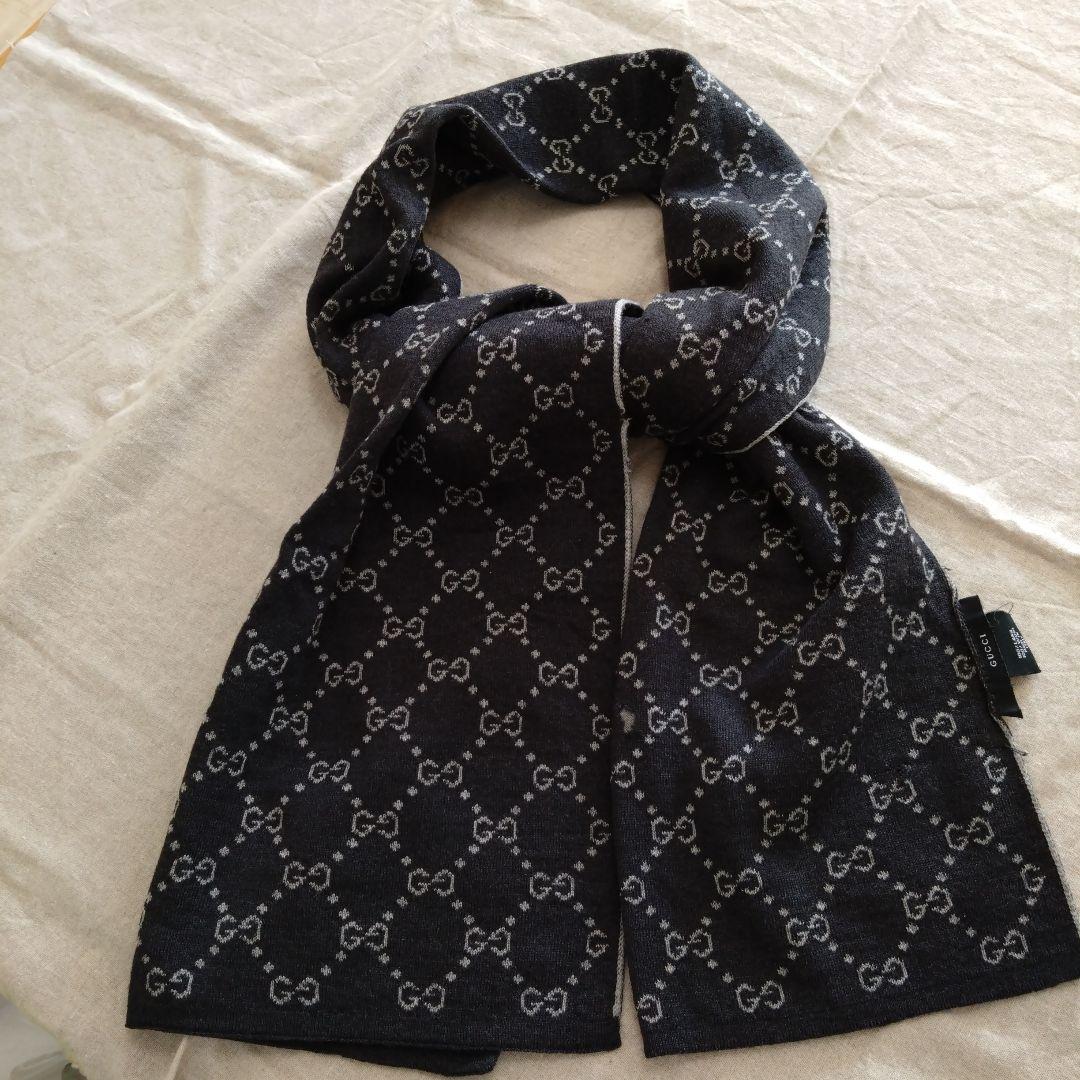 GUCCI ブラック GGパターン マフラー①　ウール100%