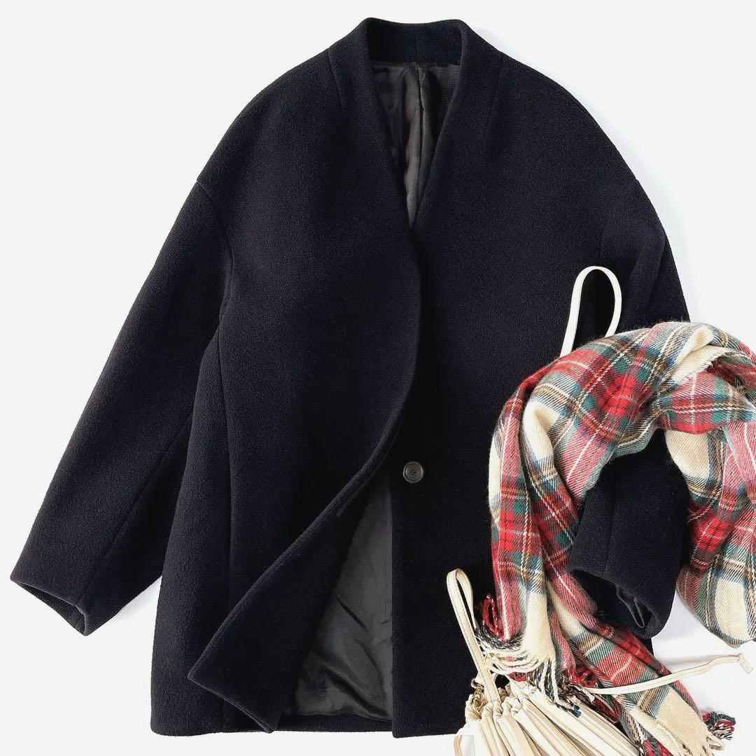 え*り様 美品⁑バビロン　2022 ウールコクーンコート　ネイビー　ノーカラージ