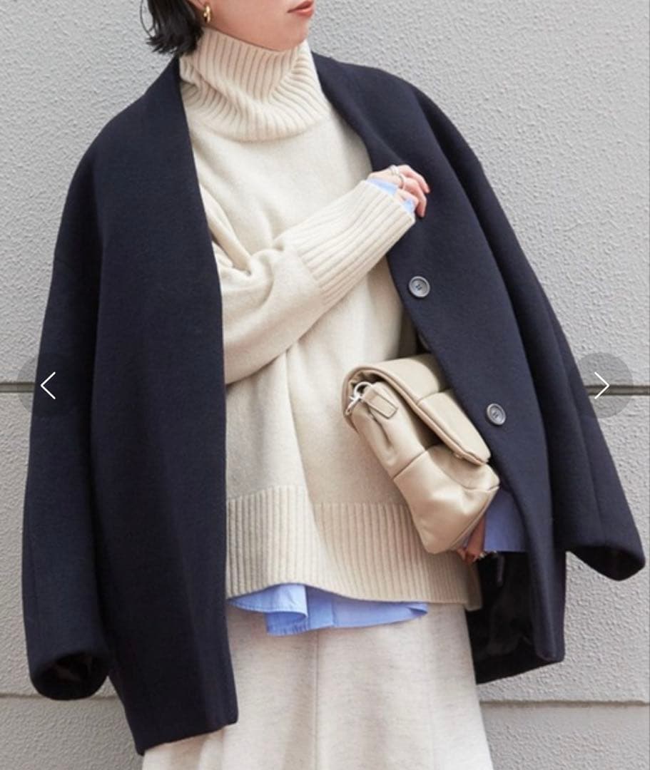 え*り様 美品⁑バビロン　2022 ウールコクーンコート　ネイビー　ノーカラージ