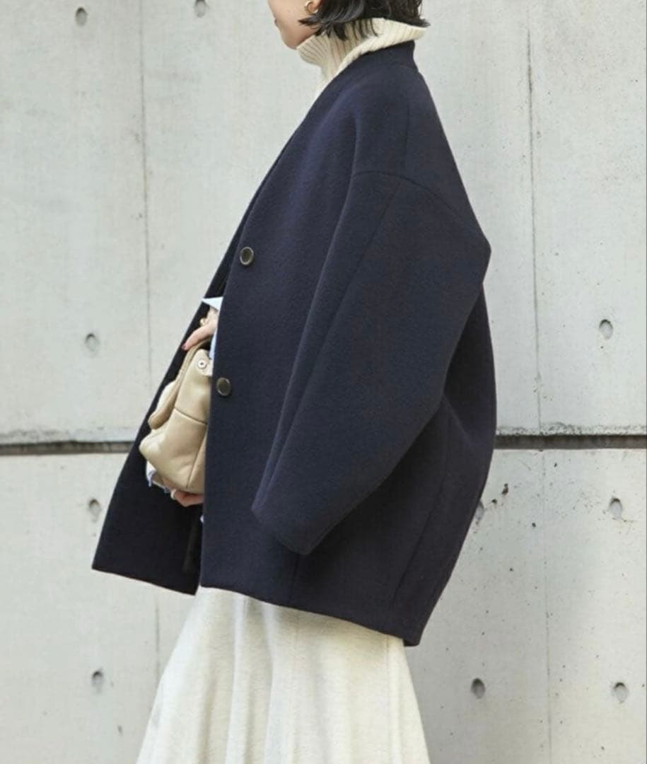 え*り様 美品⁑バビロン　2022 ウールコクーンコート　ネイビー　ノーカラージ