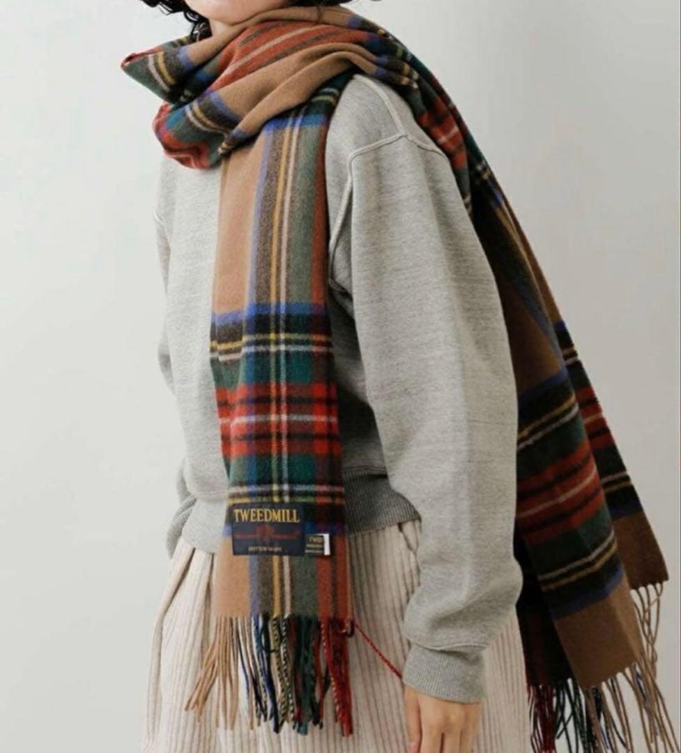 美品！TWEEDMILL カラフルチェックストール ベージュ　大判