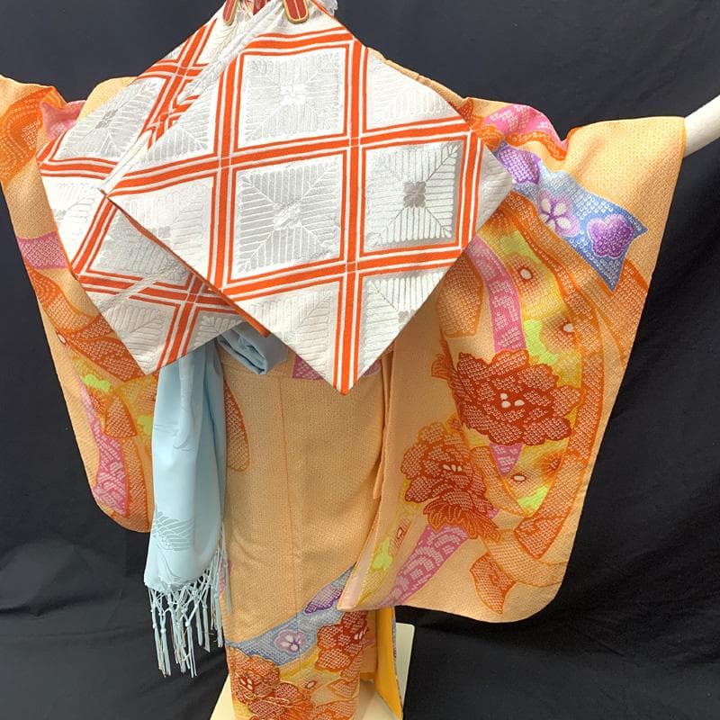 507ag24□七五三 七歳 女児 着物&袋帯 金駒刺繍 束ね熨斗□状態良好