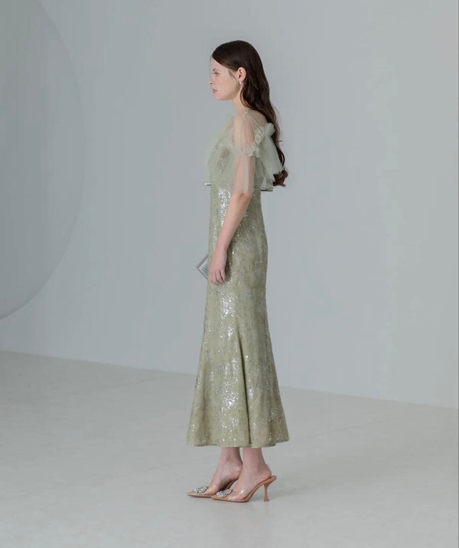 美品 チュールフリルボレロペイントマーメイドワンピースドレス GREEN