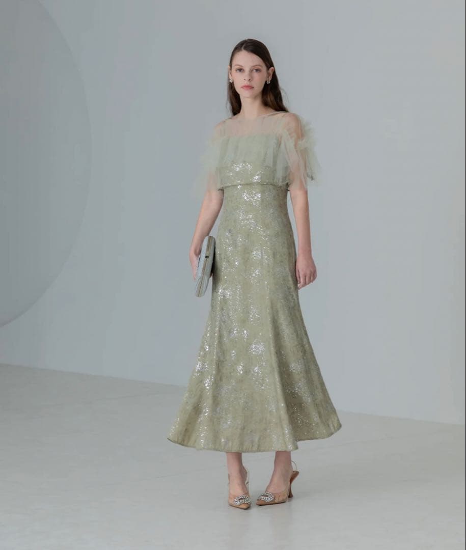 美品 チュールフリルボレロペイントマーメイドワンピースドレス GREEN