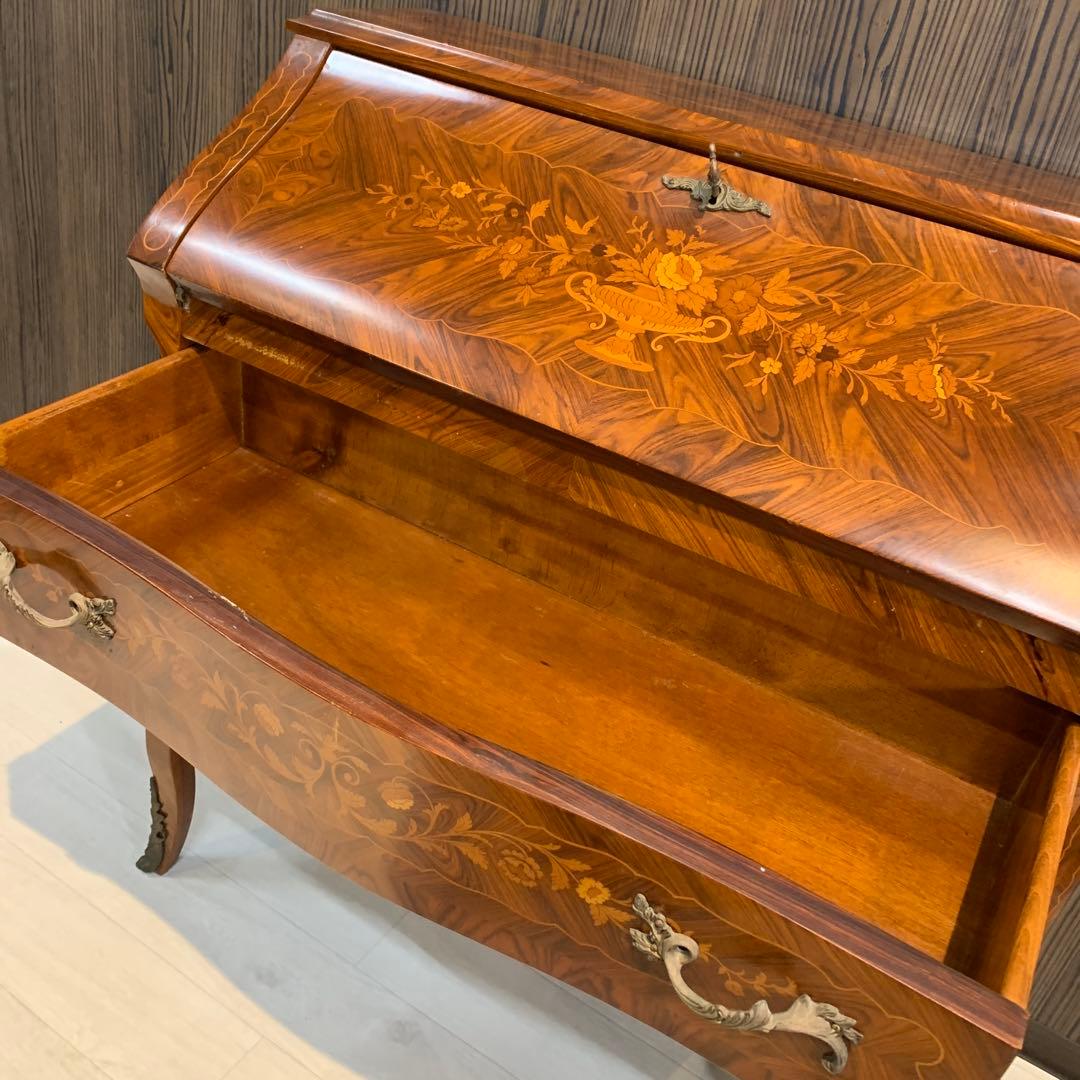 高級アンティーク　ライティングビューロー　チェスト　鍵付き　象嵌　猫脚　イタリア