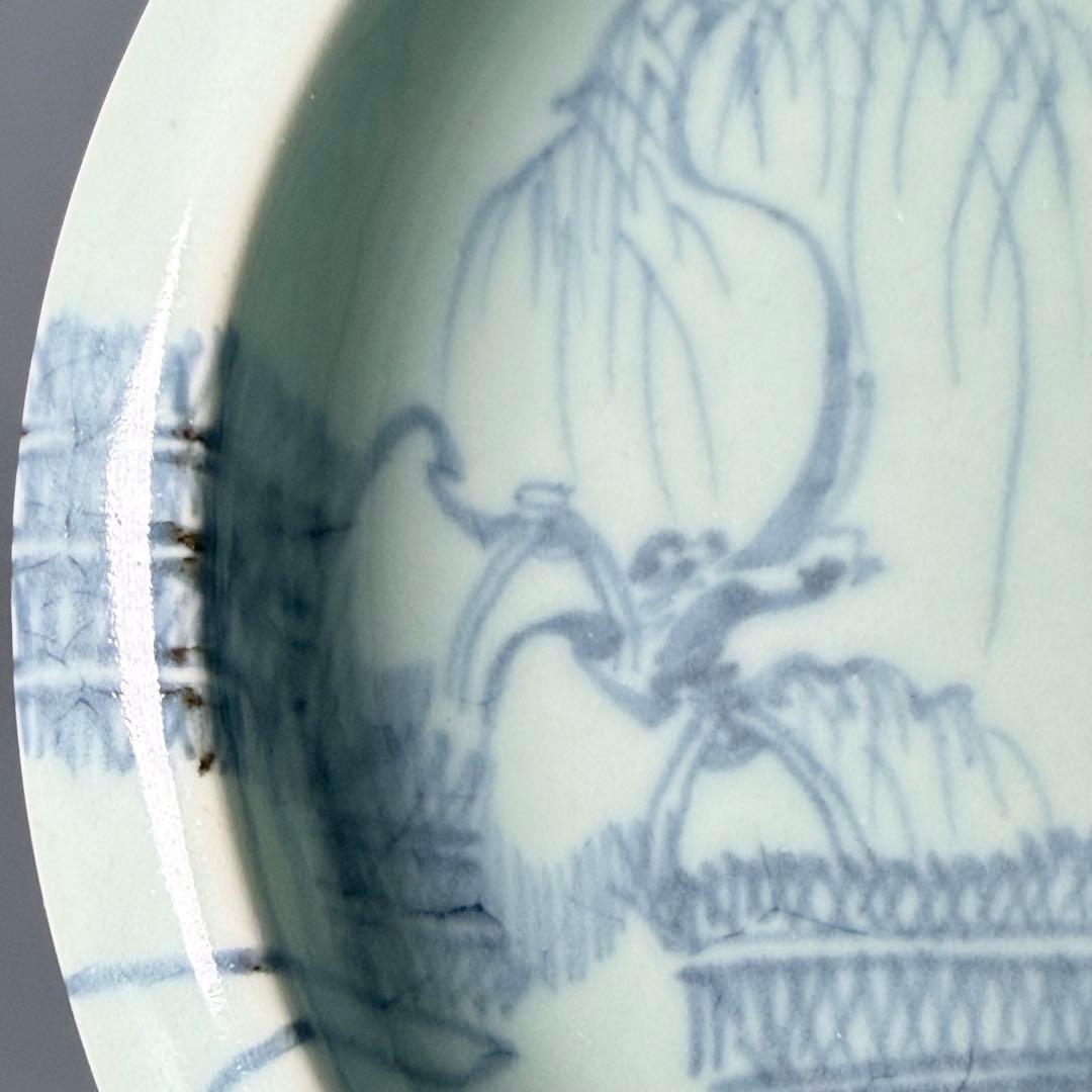 タ*カ様 盛期鍋島　青磁染付柳竹垣文高台五寸皿　共箱　直径14.5cm　状態◎