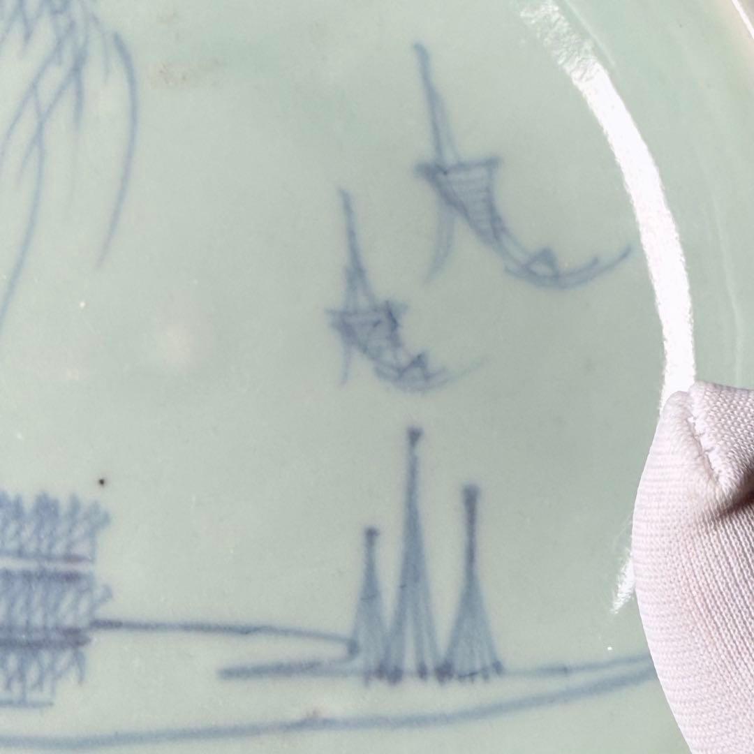 タ*カ様 盛期鍋島　青磁染付柳竹垣文高台五寸皿　共箱　直径14.5cm　状態◎