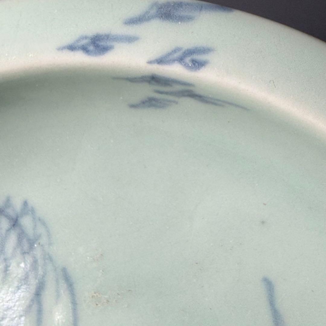 タ*カ様 盛期鍋島　青磁染付柳竹垣文高台五寸皿　共箱　直径14.5cm　状態◎