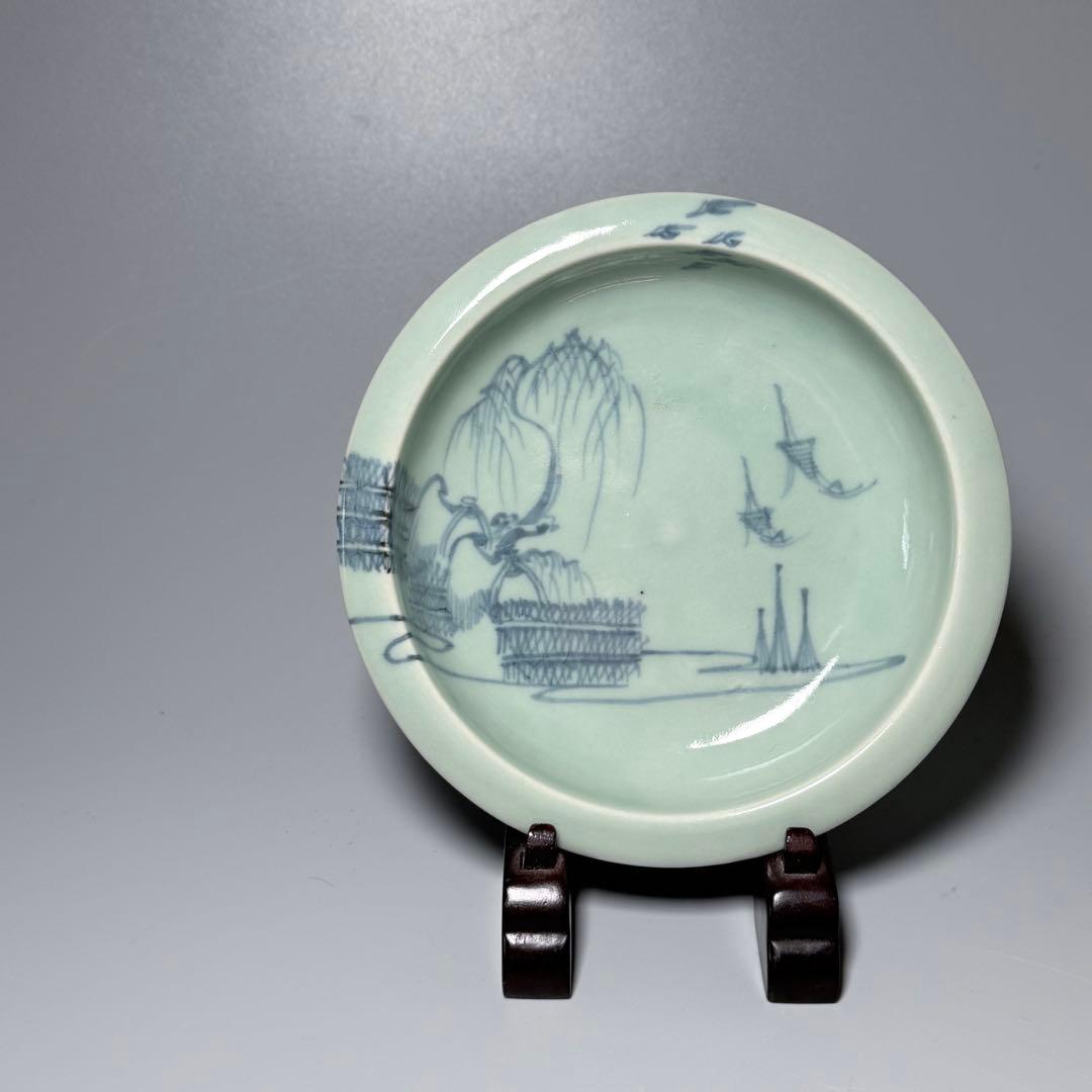 タ*カ様 盛期鍋島　青磁染付柳竹垣文高台五寸皿　共箱　直径14.5cm　状態◎