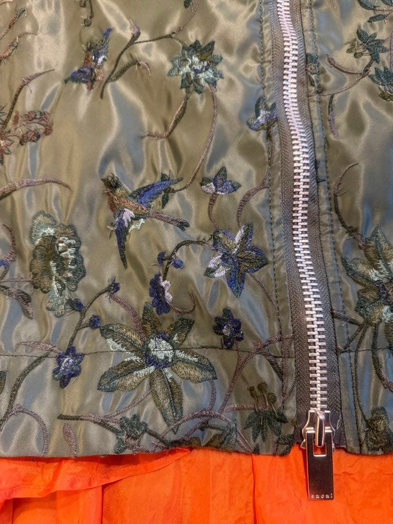 sacai サカイ　フラワーエンブロイダリー　ナイロンスカート　カーキ　フリル