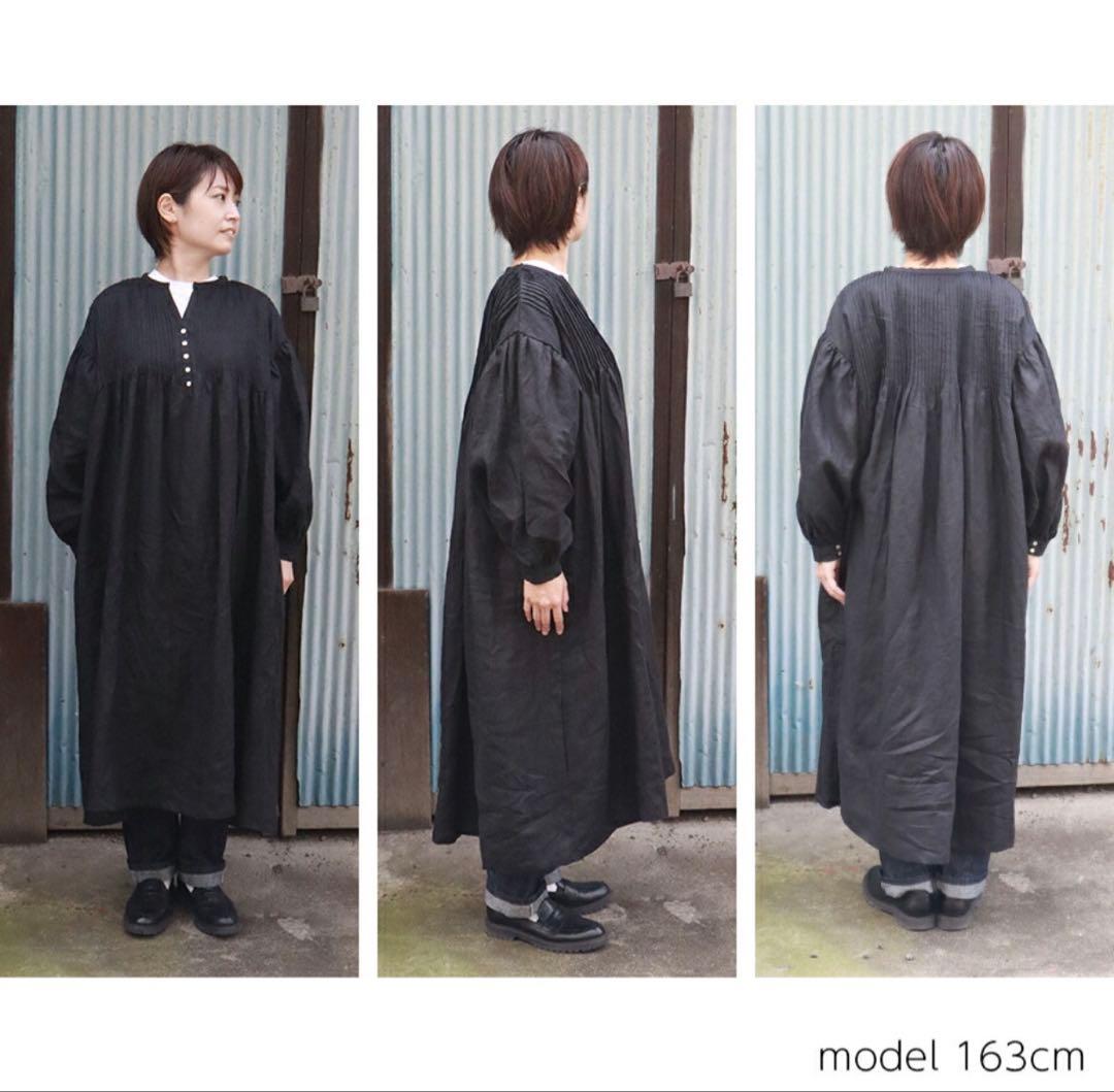 08mab ゼロハチマブ　ピンタック リネン ワンピース　ロング　麻100% 黒