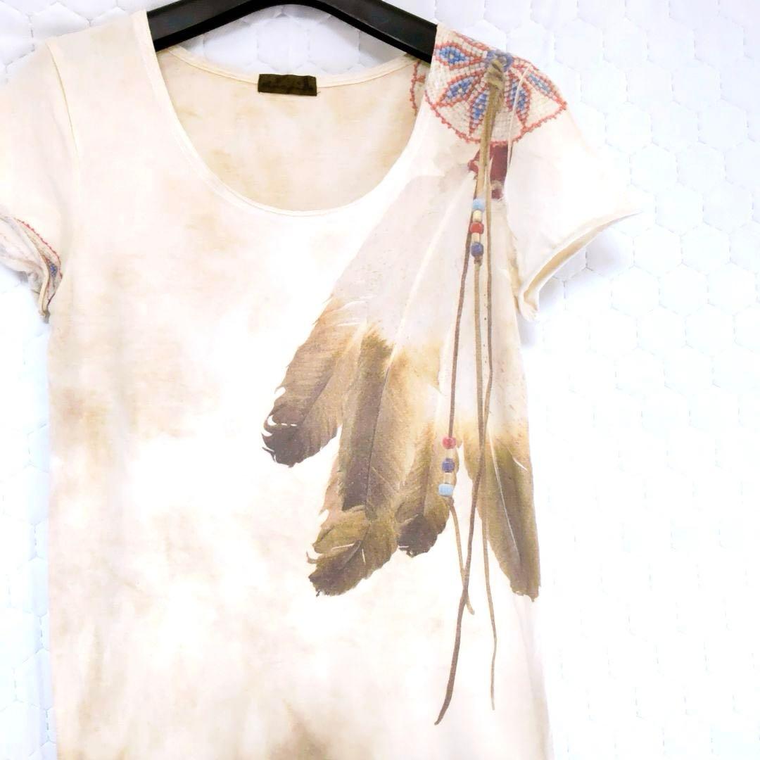 美品✨goa 半袖Tシャツ 羽根とビーズプリント 半袖Tシャツ