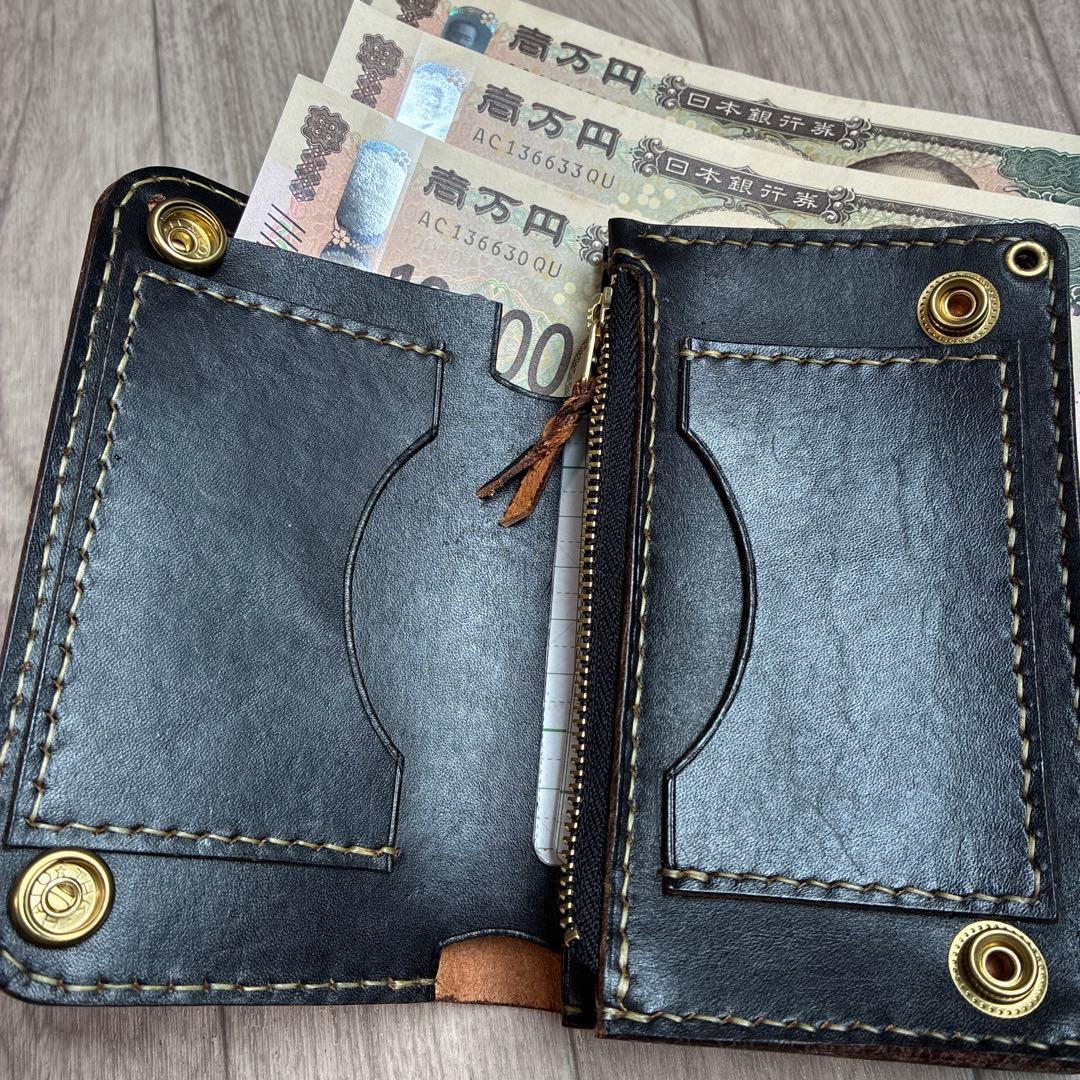 【茶芯ブラック】トラッカーウォレット　ミドル　真鍮　お札を折らずに収納