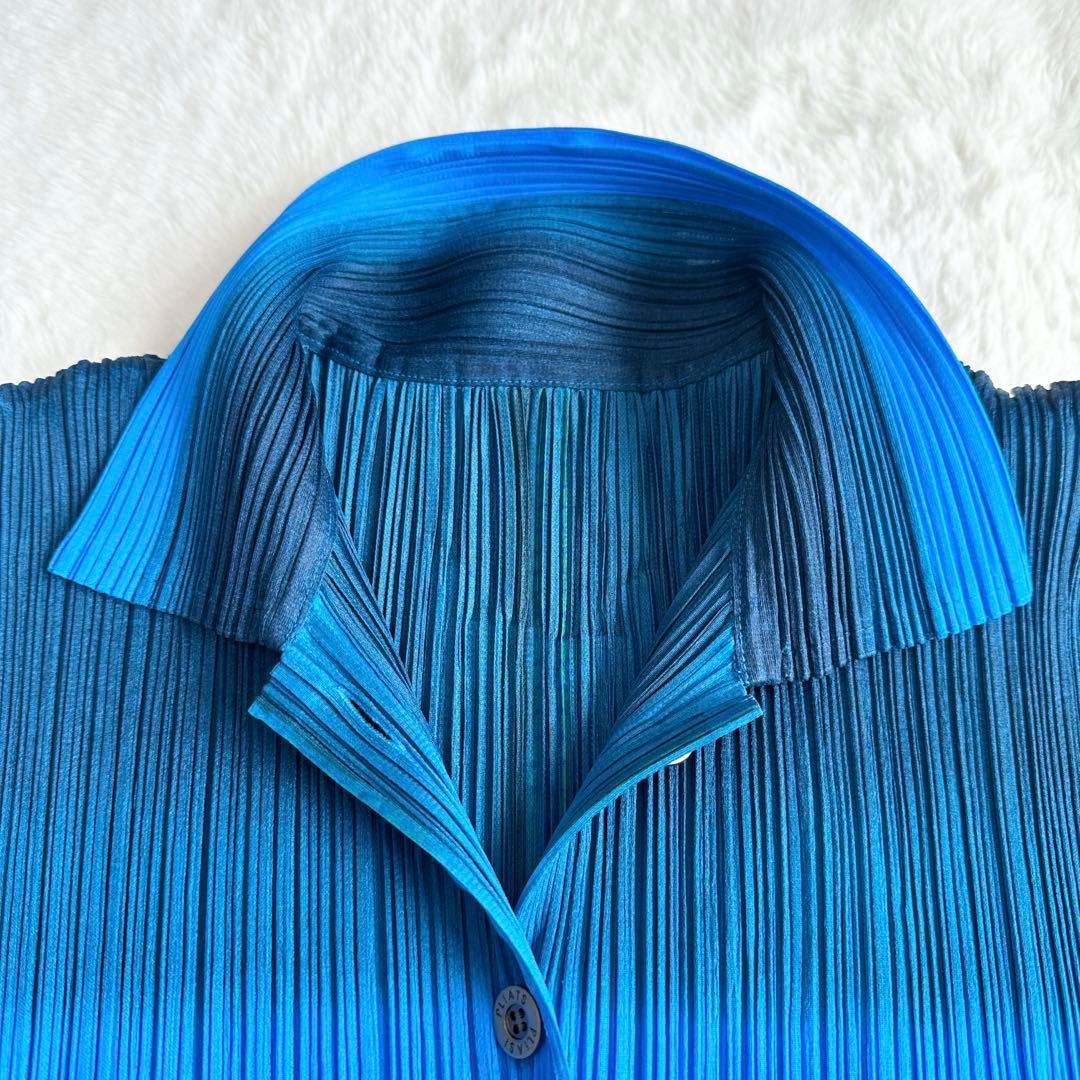 美品✨プリーツプリーズ デニム柄 シャツ サイズ3 L ノースリーブ ブルー 青