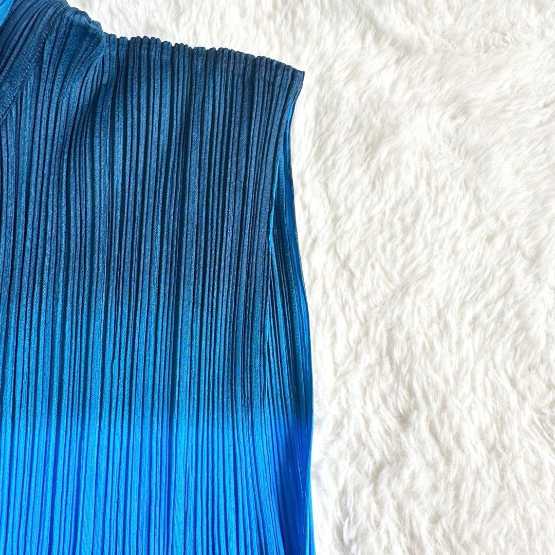 美品✨プリーツプリーズ デニム柄 シャツ サイズ3 L ノースリーブ ブルー 青