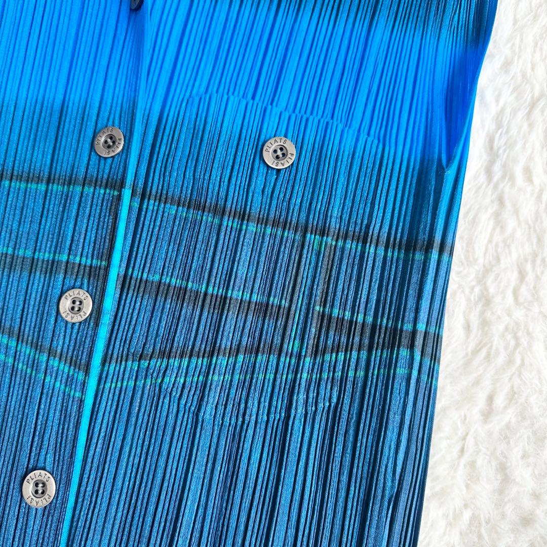 美品✨プリーツプリーズ デニム柄 シャツ サイズ3 L ノースリーブ ブルー 青