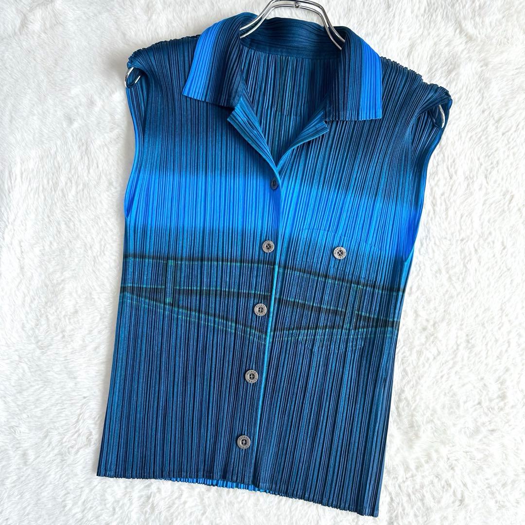 美品✨プリーツプリーズ デニム柄 シャツ サイズ3 L ノースリーブ ブルー 青