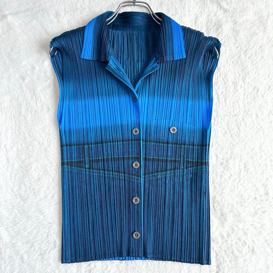 美品✨プリーツプリーズ デニム柄 シャツ サイズ3 L ノースリーブ ブルー 青