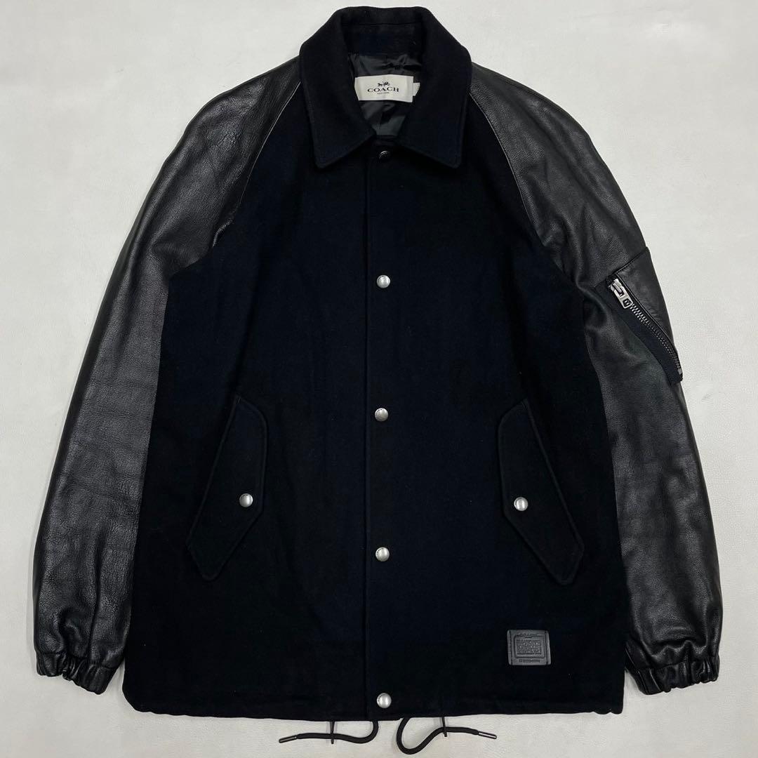 美品 COACH コーチ 袖レザー スタジャン コーチジャケット ブラック