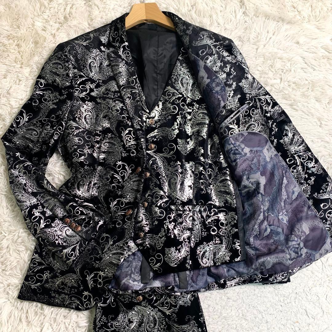 超美品 超希少 ベロアスーツ スリーピース チャイナ柄 衣装スーツ XL 黒