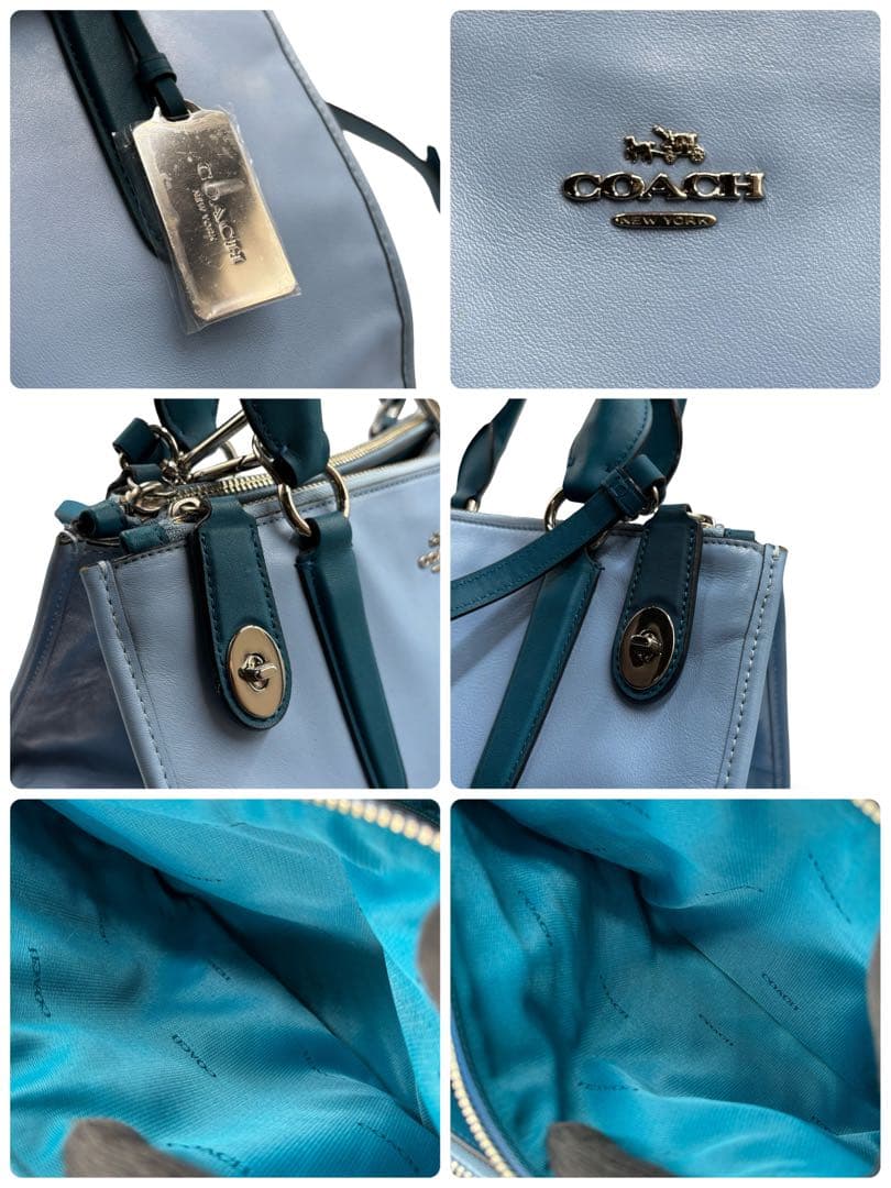 【良品】コーチ　2way ショルダーバッグ　トート　レザー　チャーム　ブルー馬車