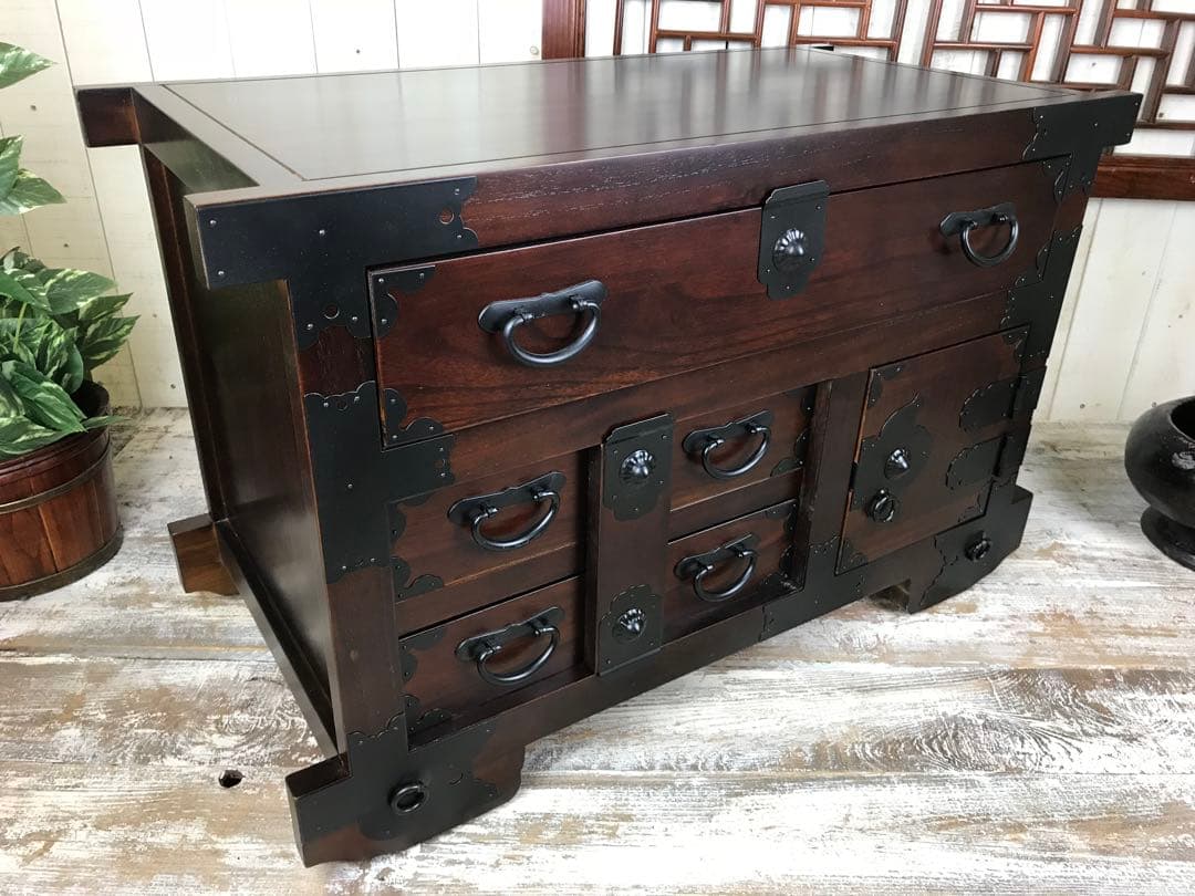 訳あり品！【83】民芸家具からくり車タンス L木製桐材天然無垢飾り棚収納チェスト