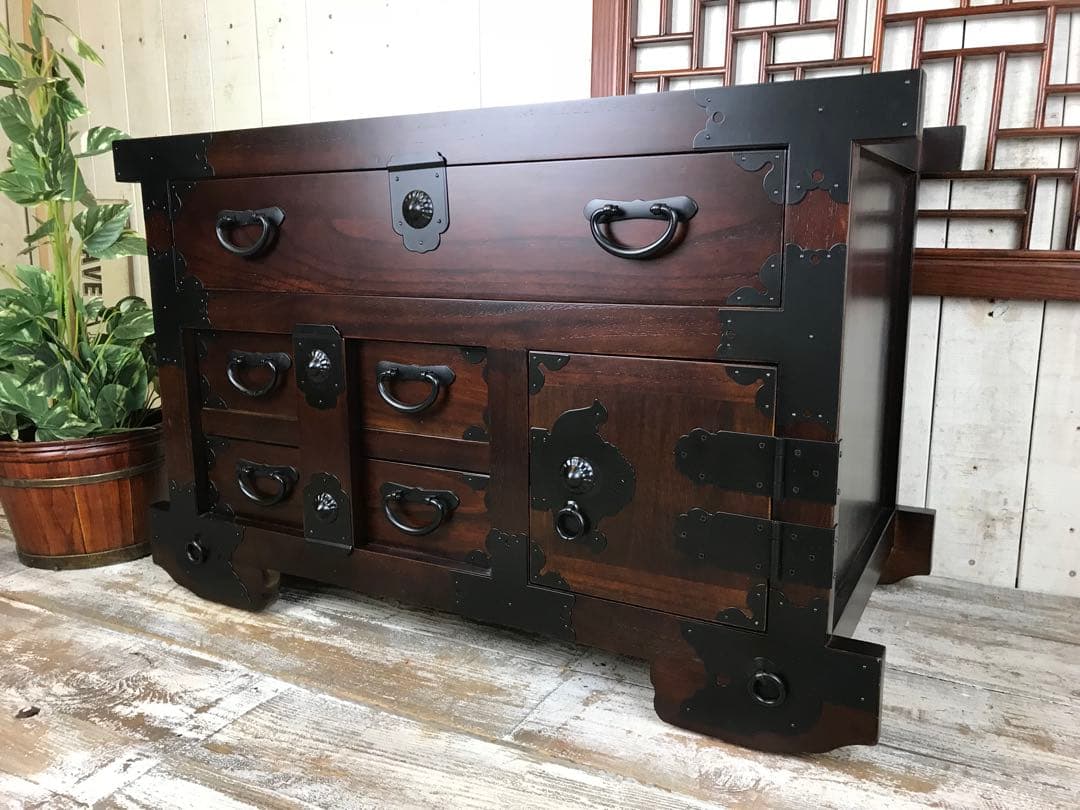 訳あり品！【83】民芸家具からくり車タンス L木製桐材天然無垢飾り棚収納チェスト