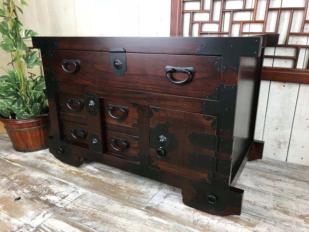 訳あり品！【83】民芸家具からくり車タンス L木製桐材天然無垢飾り棚収納チェスト