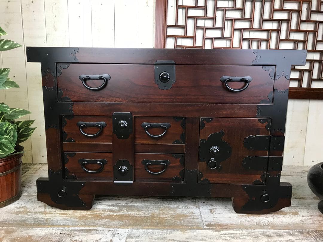 訳あり品！【83】民芸家具からくり車タンス L木製桐材天然無垢飾り棚収納チェスト