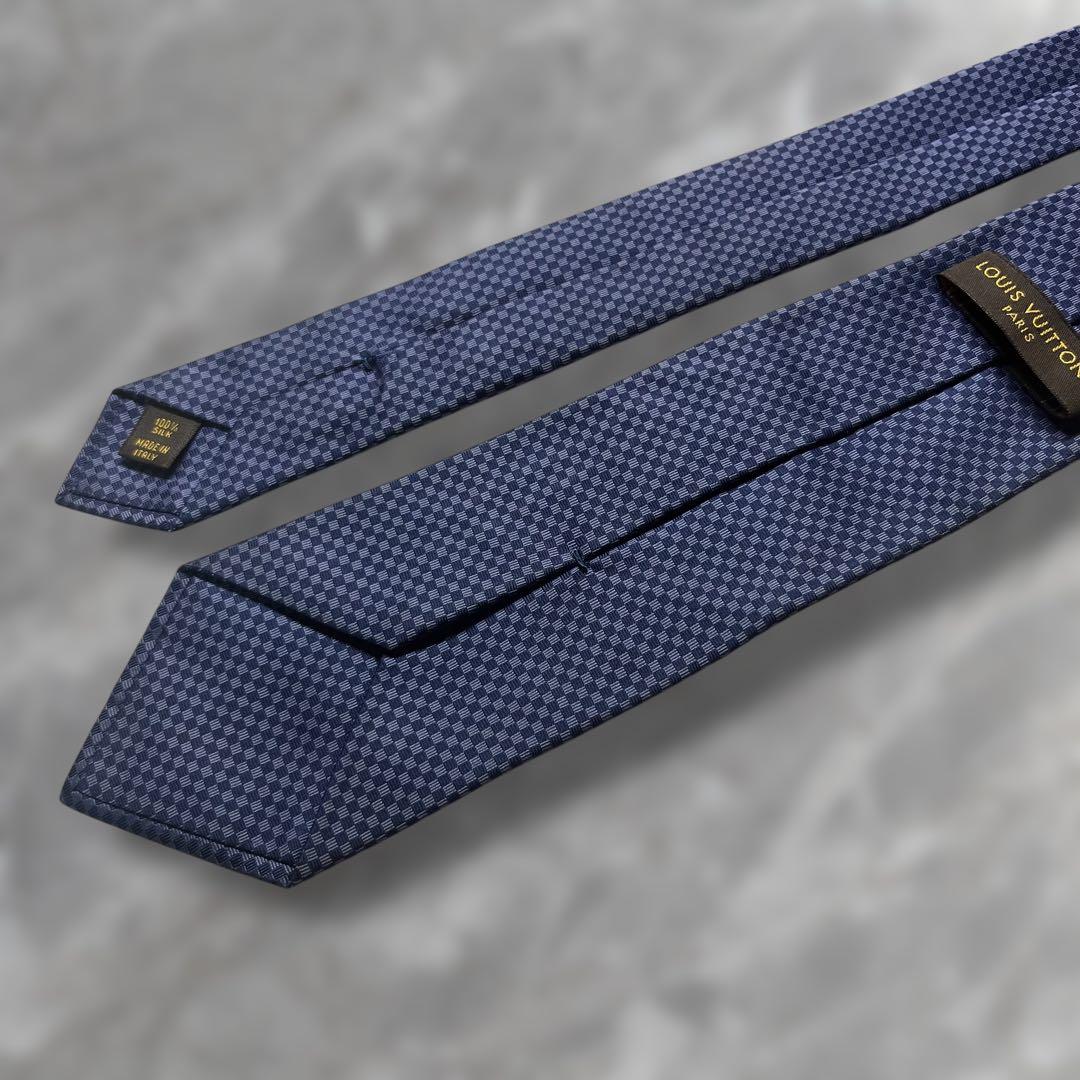 【美品】 ルイヴィトン ネクタイ ミニダミエ柄 ブルー ネイビー ジャガード