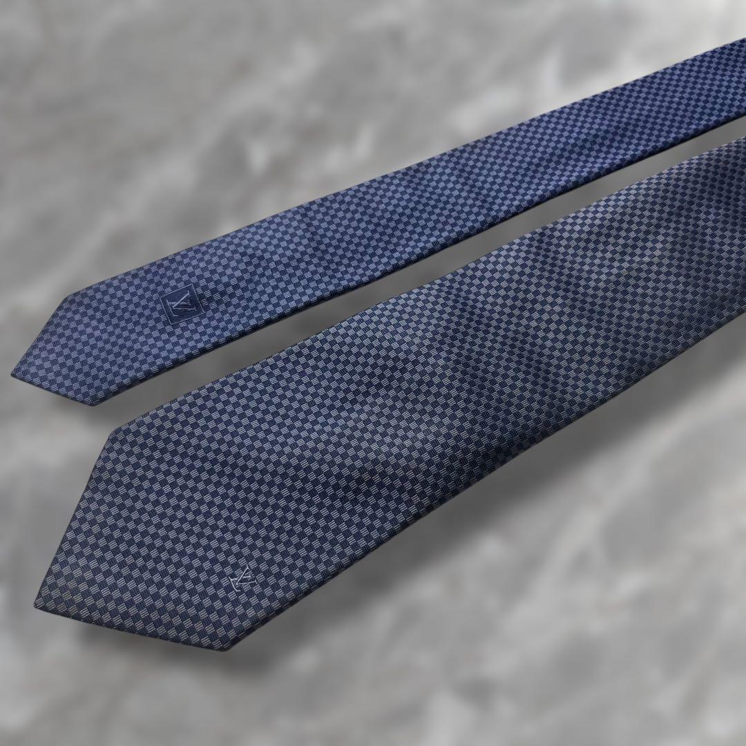 【美品】 ルイヴィトン ネクタイ ミニダミエ柄 ブルー ネイビー ジャガード