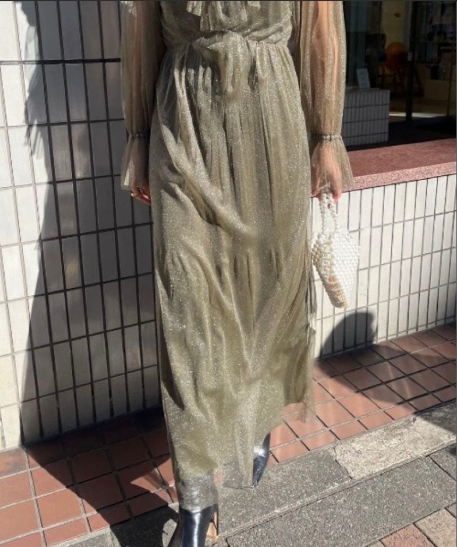 AMERI GLITTER FRILL COLLAR DRESS カーキ