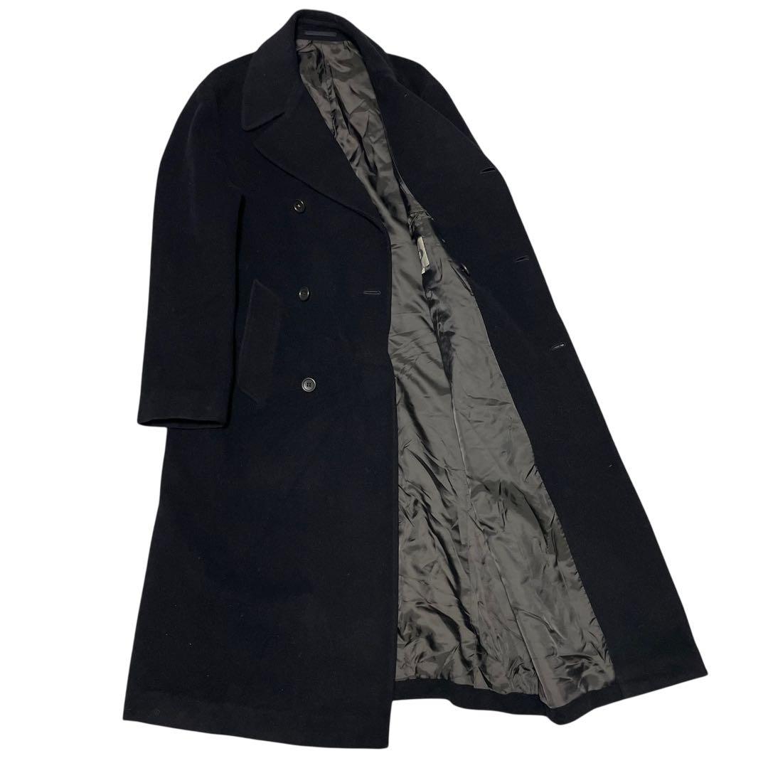 【vintage】ウール100% マキシ丈ダブルチェスターコート ブラック M