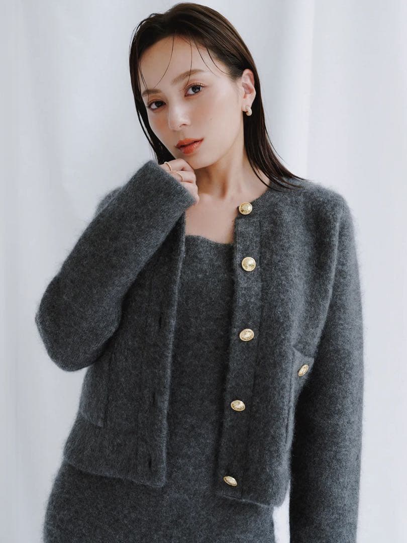 【美品】アニュアンス　カシミヤブレンドノーカラーニットジャケット　グレー