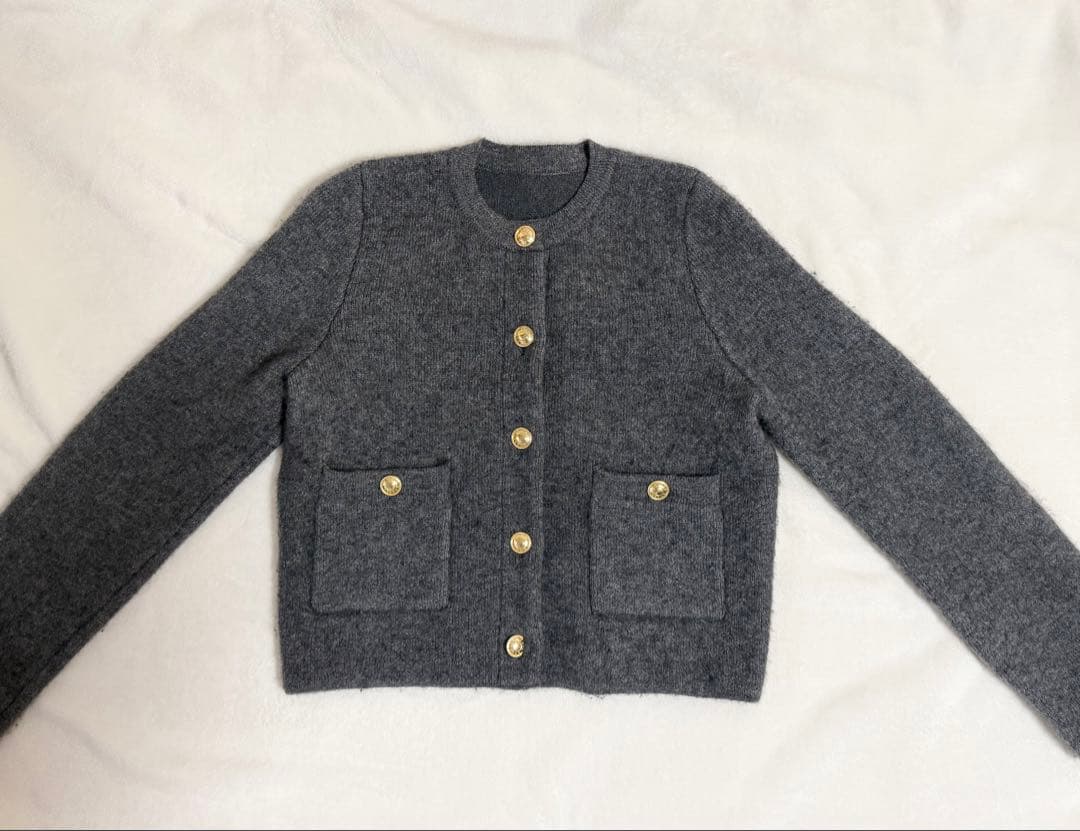 【美品】アニュアンス　カシミヤブレンドノーカラーニットジャケット　グレー