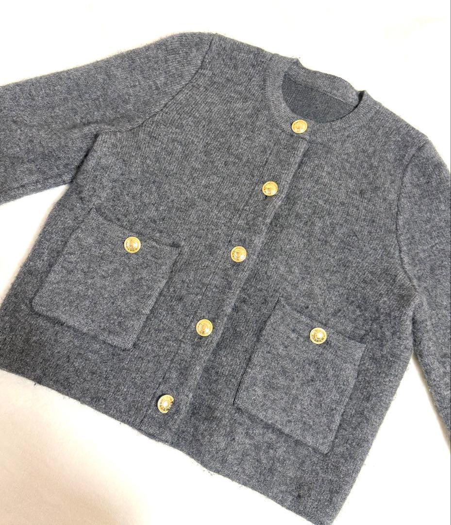【美品】アニュアンス　カシミヤブレンドノーカラーニットジャケット　グレー
