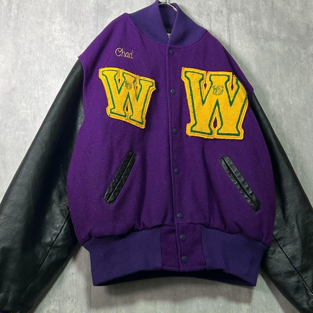 希少カラー ヴィンテージ スタジャン 袖レザー ワッペン刺繍 紫 黒 XL