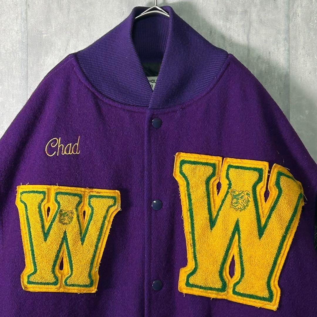 希少カラー ヴィンテージ スタジャン 袖レザー ワッペン刺繍 紫 黒 XL