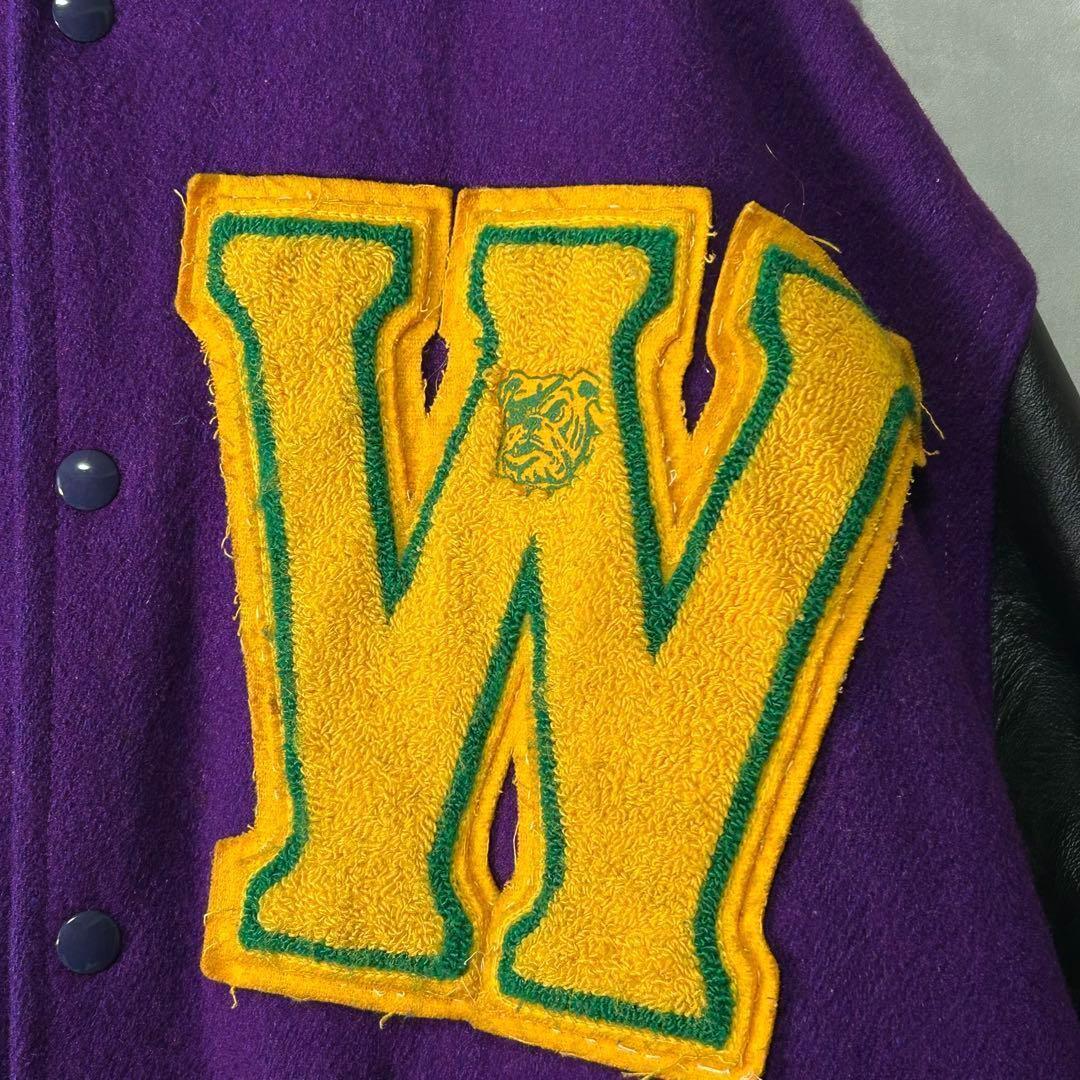 希少カラー ヴィンテージ スタジャン 袖レザー ワッペン刺繍 紫 黒 XL