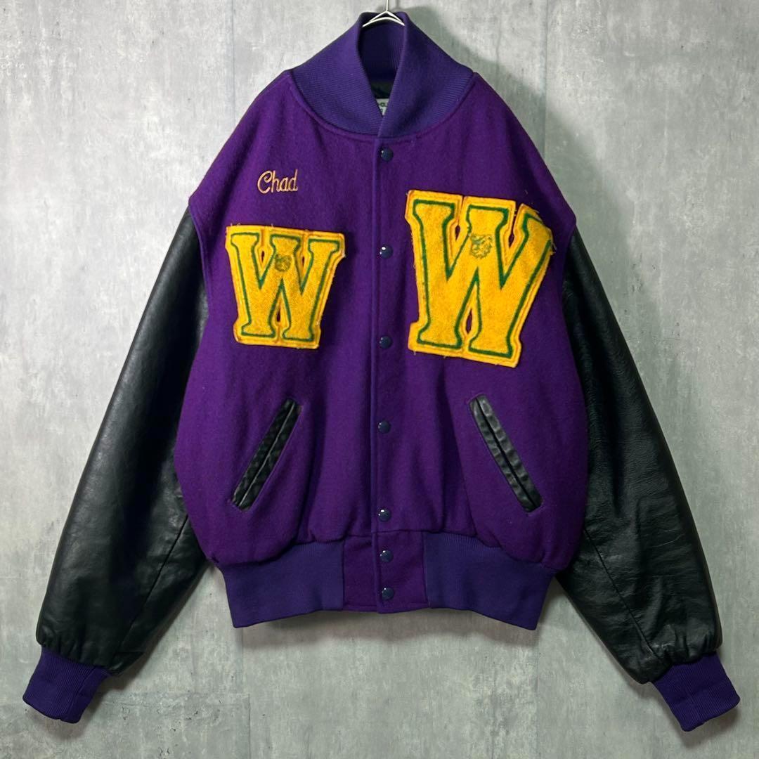 希少カラー ヴィンテージ スタジャン 袖レザー ワッペン刺繍 紫 黒 XL