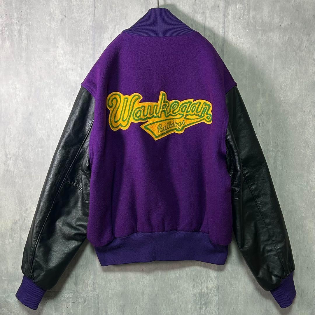 希少カラー ヴィンテージ スタジャン 袖レザー ワッペン刺繍 紫 黒 XL