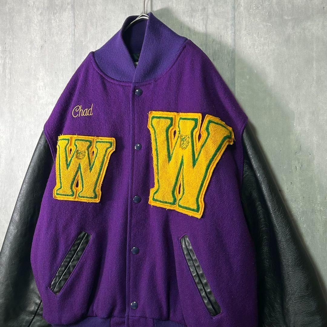 希少カラー ヴィンテージ スタジャン 袖レザー ワッペン刺繍 紫 黒 XL